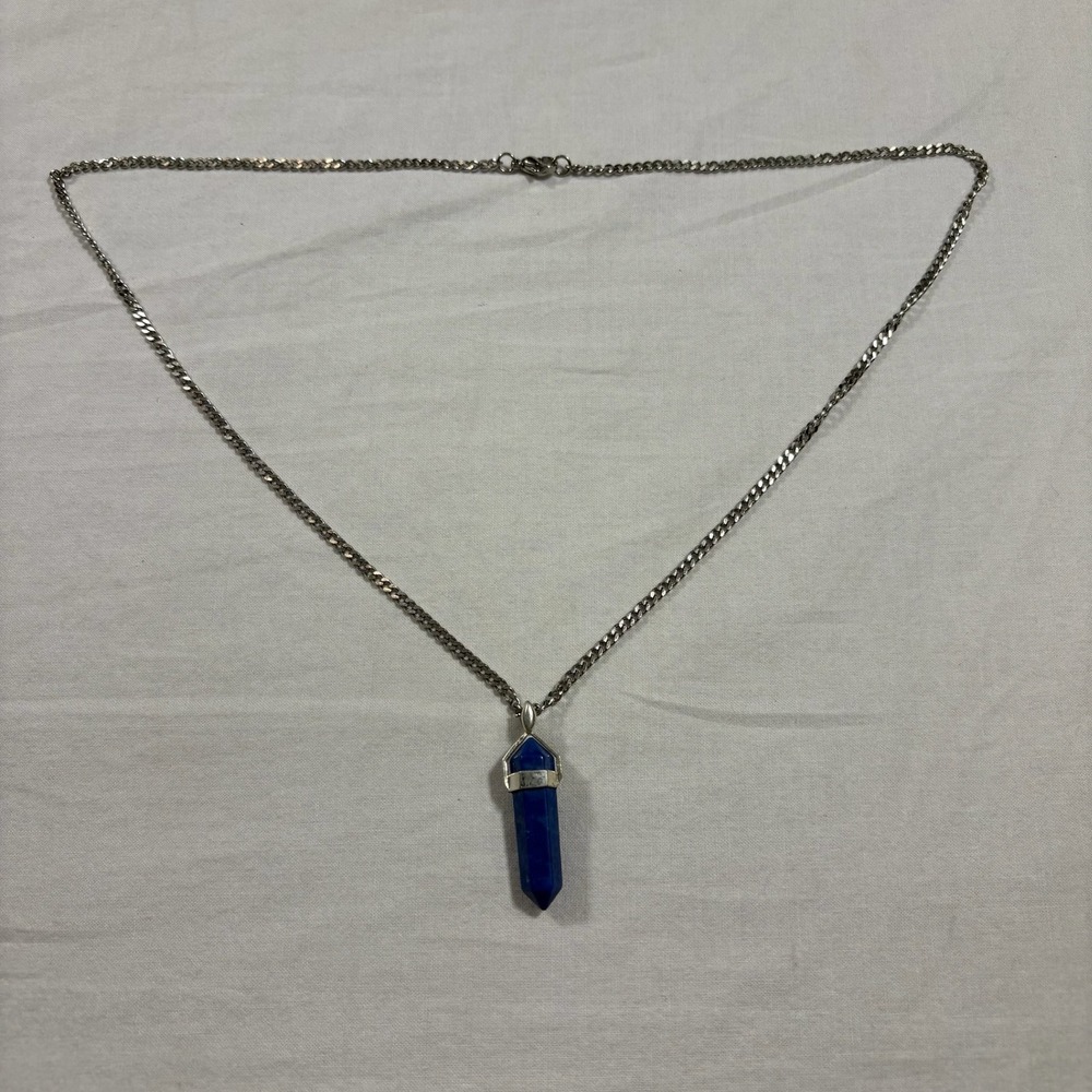 Blue Crystal Point Pendant Necklace Silver Tone Chain Elegant Gemstone Jewelry
